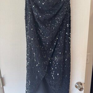 Navy Blue Sequin High Low Midi Skirt